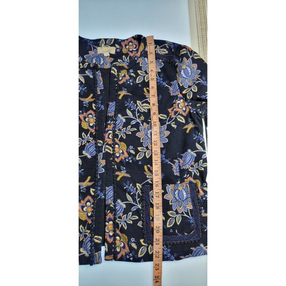 LOFT Womens Blazer Navy floral cotton blend  Size 10 Eyelet Crochet Trim Open - Picture 12 of 14